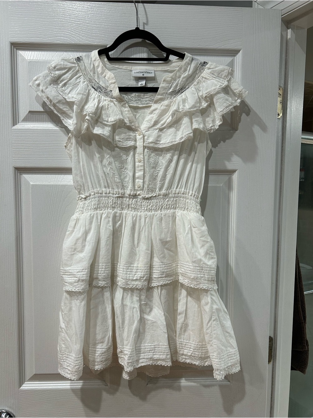 LoveShackFancy Cream Ruffled Tiered Mini Dress